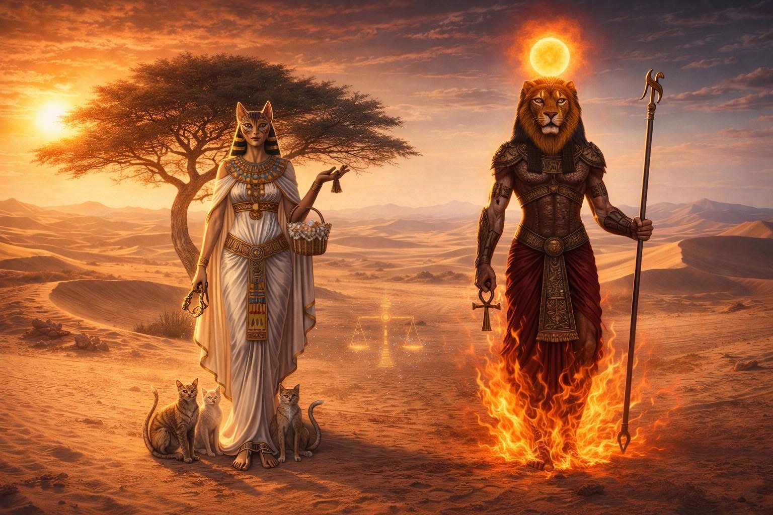 兩位古埃及女神並肩佇立於落日餘暉下的廣闊沙漠。右側是塞赫麥特，一位威嚴的獅首女神